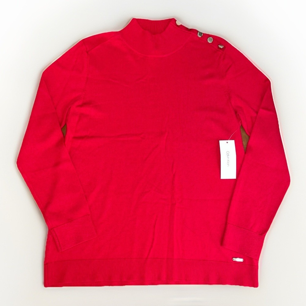 NWT Calvin Klein Red Mock Neck Lightweight‎ Sweater Gold Button Accents Size: M